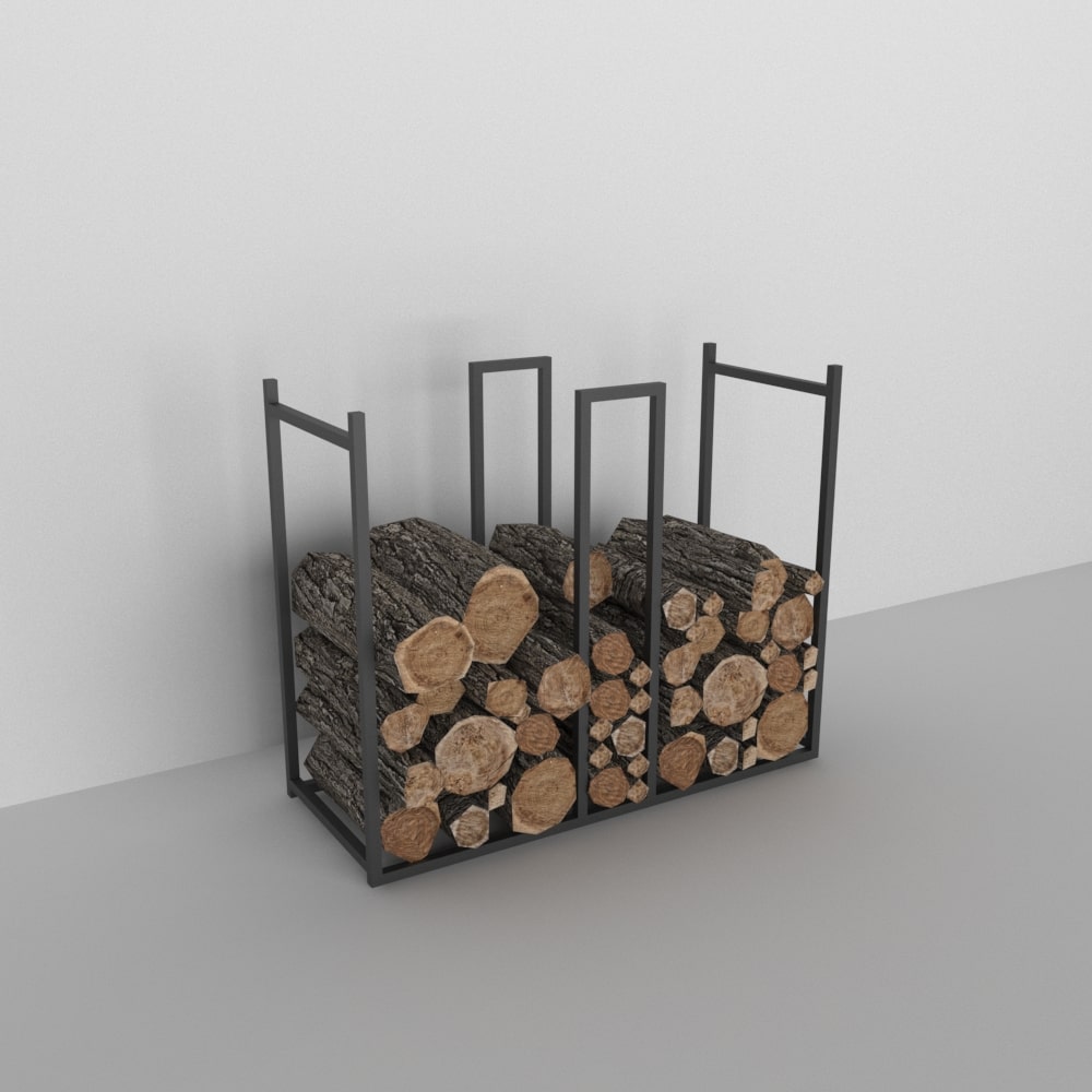 A black minimalist metal log holder with a separate section for kindling, featuring a sleek and modern design, displayed against a plain gray background