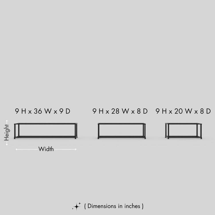 Size comparison chart for the minimalist metal shoe rack, showing three different dimensions: 9 inches in height, 36 inches in width, and 9 inches in depth; 9 inches in height, 28 inches in width, and 8 inches in depth; and 9 inches in height, 20 inches in width, and 8 inches in depth.