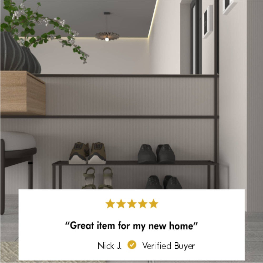 Minimalist two-tier metal shoe rack in a modern entryway, displaying a five-star review from Nick J., a verified buyer, stating, "Great item for my new home."