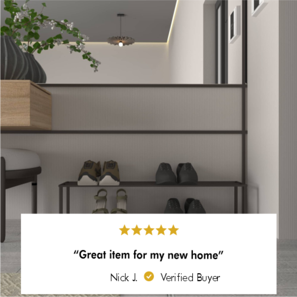 Minimalist two-tier metal shoe rack in an entryway, holding several pairs of shoes. The text below reads: 'Great item for my new home' by Nick J., Verified Buyer.
