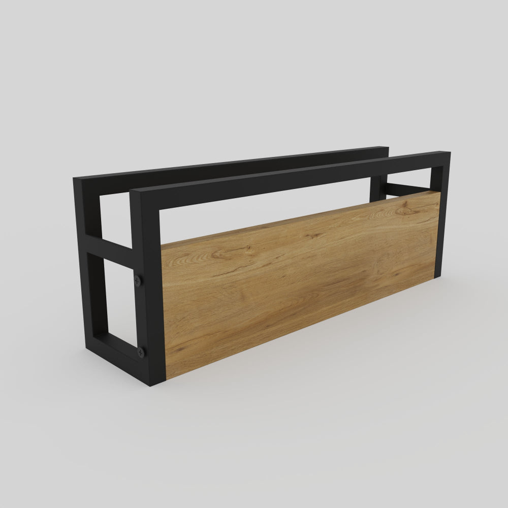 A close-up render of a minimalist slipper rack featuring a black metal frame and wooden front panel, emphasizing its sleek and functional design