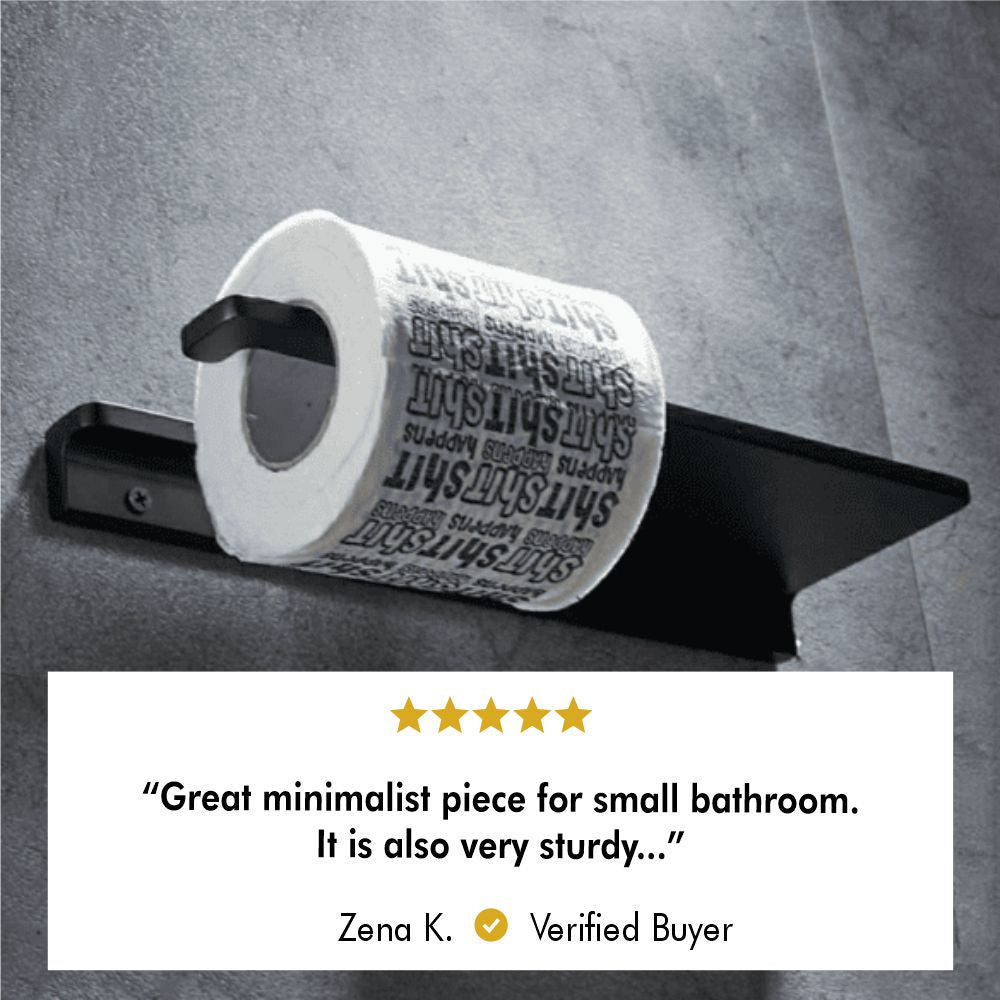 Minimalist wall-mounted toilet paper holder with a sturdy black metal design, ideal for small bathrooms. The product features a sleek and functional design, receiving a 5-star review: "Great minimalist piece for small bathroom. It is also very sturdy..." – Zena K., Verified Buyer.