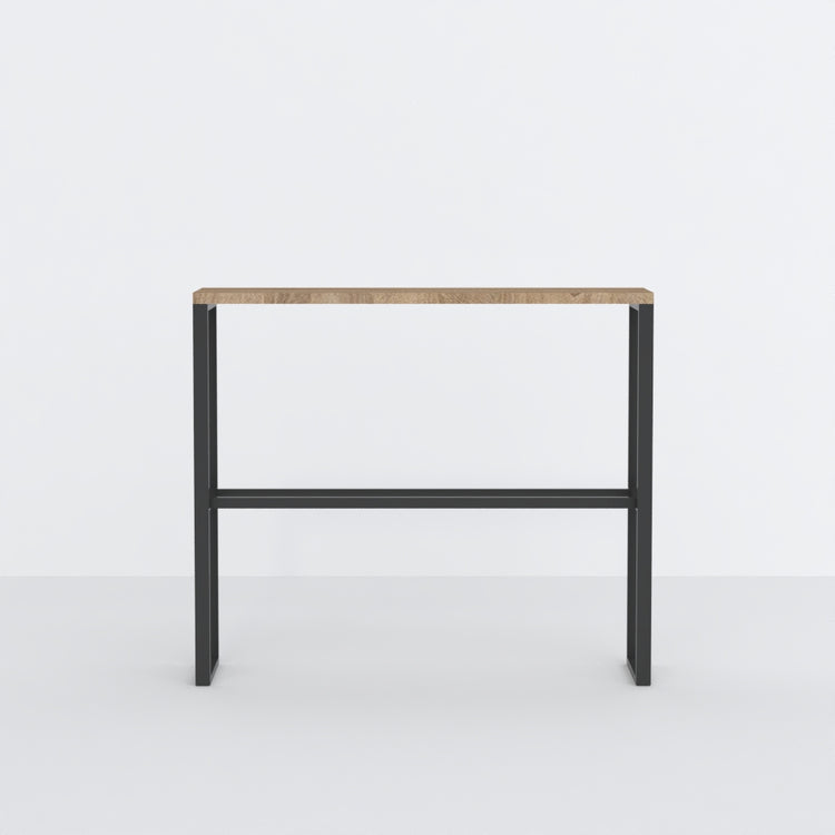 A minimalist black metal rack with a natural wood tabletop, ideal for both storage and display purposes.