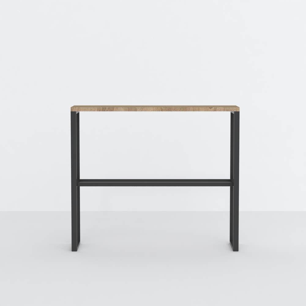 A minimalist wood and black metal rack with a rectangular shape, featuring a sleek design suitable for various uses, displayed on a plain background.