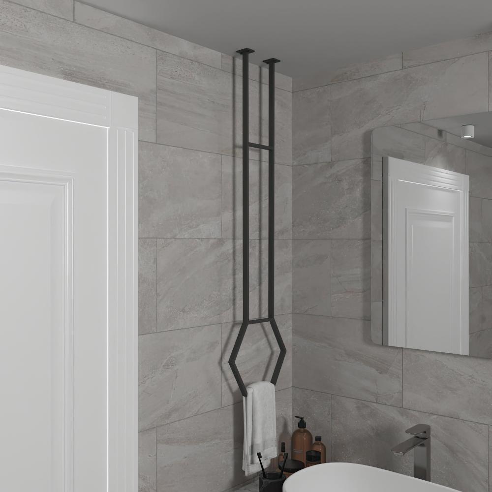 Modern matte black ceiling-mounted towel rack in a bathroom with light gray tiled walls, providing a stylish and space-saving solution for towel storage.