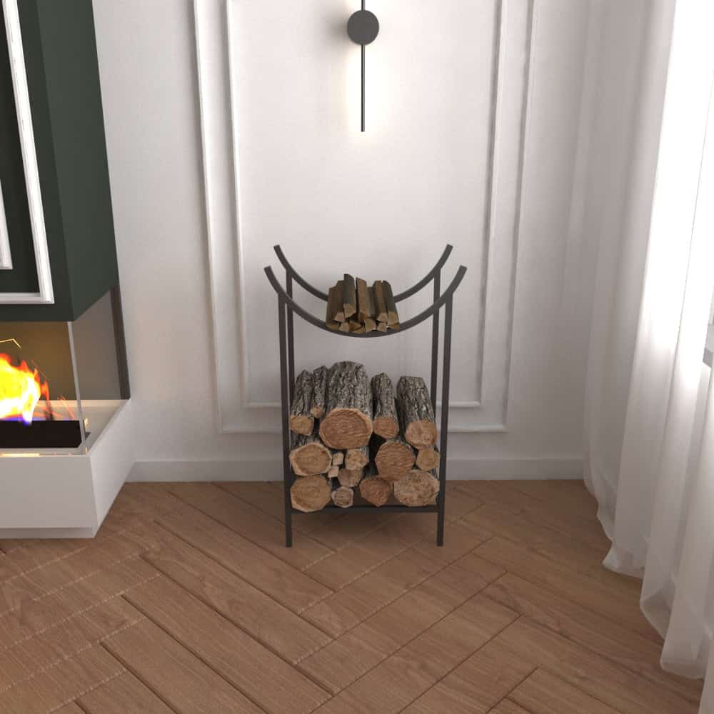 A minimalist black metal log and kindling rack with a sleek curved design, shown in a modern interior setting with white walls and natural wood flooring.