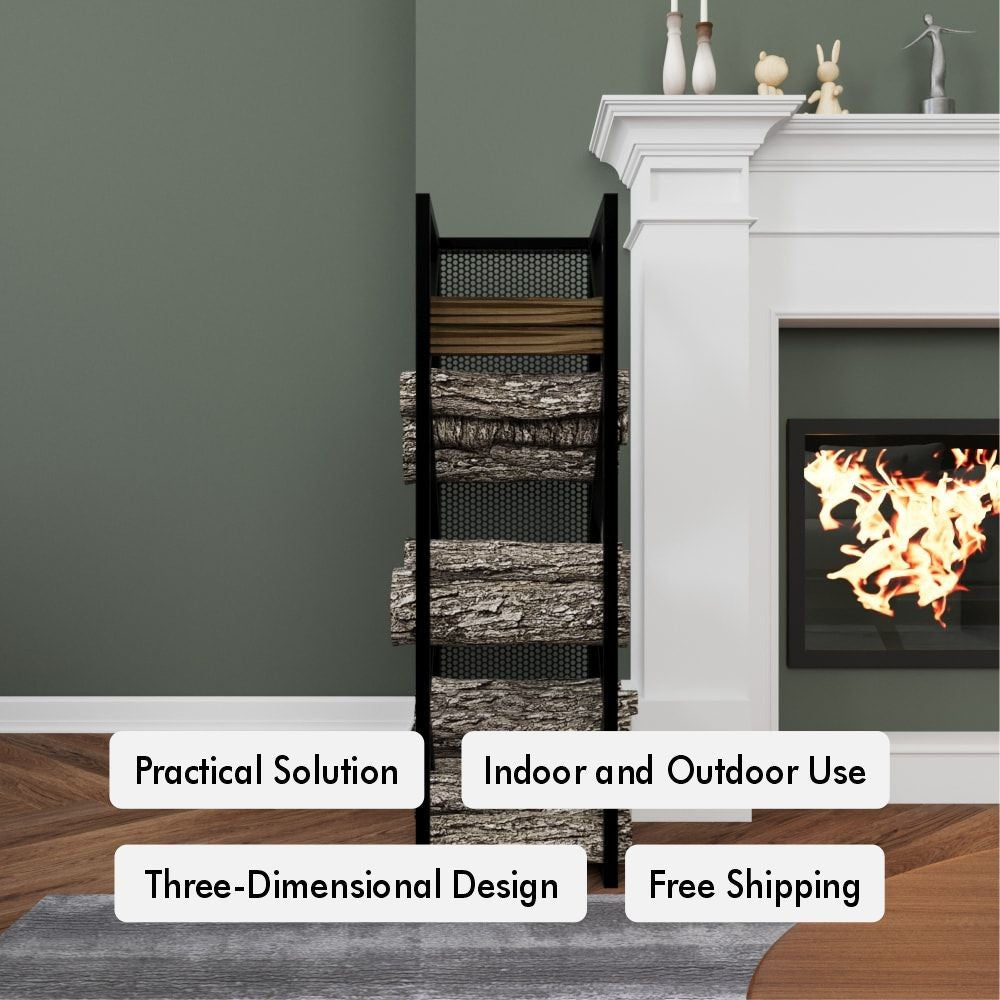 Modern black metal firewood rack with three shelves beside a white fireplace with a fire burning, showcasing stacked firewood on mesh shelves. Background includes a dark green wall, white mantel with small decorative items, and wooden floor. Text overlays highlight features: Practical Solution, Indoor and Outdoor Use, Three-Dimensional Design, and Free Shipping