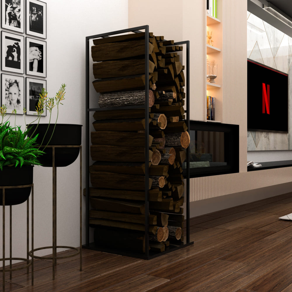 A modern indoor firewood rack with a sleek black metal frame, neatly stacked with firewood logs. The rack is placed in a stylish living room with wooden floors, a plant in a decorative pot beside it, and a wall-mounted TV with a Netflix logo visible in the background.