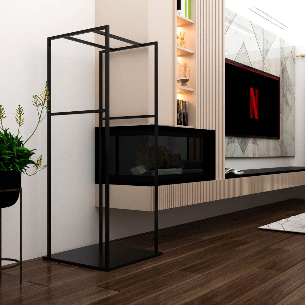 A modern black metal firewood rack with a minimalist design, placed in a stylish living room. The room features wooden floors, a decorative plant, a sleek fireplace, and a wall-mounted TV with a Netflix logo, creating a contemporary ambiance.