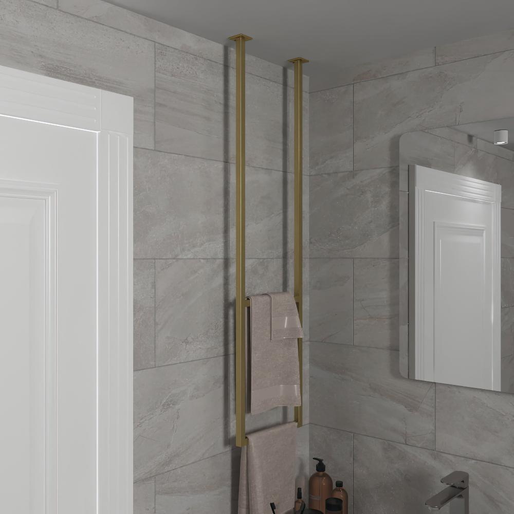 Contemporary bathroom showcasing a stylish gold ceiling-mounted towel rack. The elegant design enhances the modern aesthetic of the space, perfectly complementing the gray tiles. This vertical towel holder provides a luxurious touch while maximizing storage in a minimalist setting.