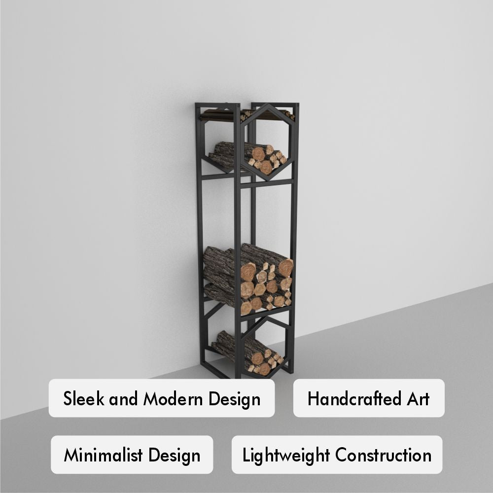 Tall, black metal log holder against a white wall with neatly stacked firewood. Labels read: "Sleek and Modern Design," "Minimalist Design," "Handcrafted Art," "Lightweight Construction