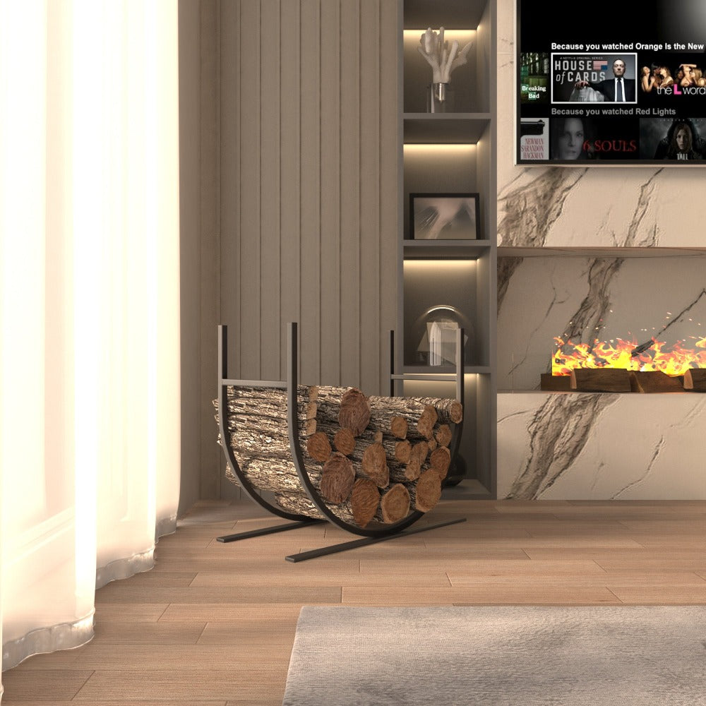 A modern living room featuring an oval-shaped metal log holder filled with firewood, placed beside a fireplace and shelves with warm lighting Image