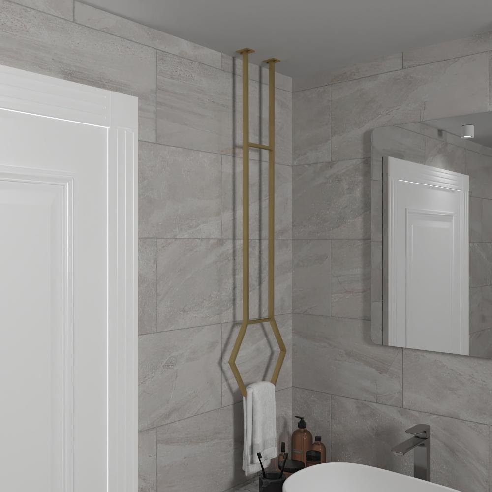 Modern matte gold ceiling-mounted towel rack in a bathroom with light gray tiled walls, providing a stylish and space-saving solution for towel storage.