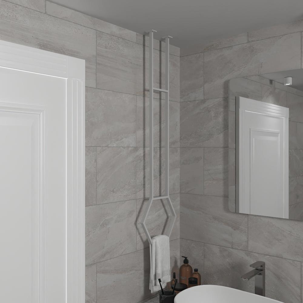 Modern matte white ceiling-mounted towel rack in a bathroom with light gray tiled walls, providing a stylish and space-saving solution for towel storage.