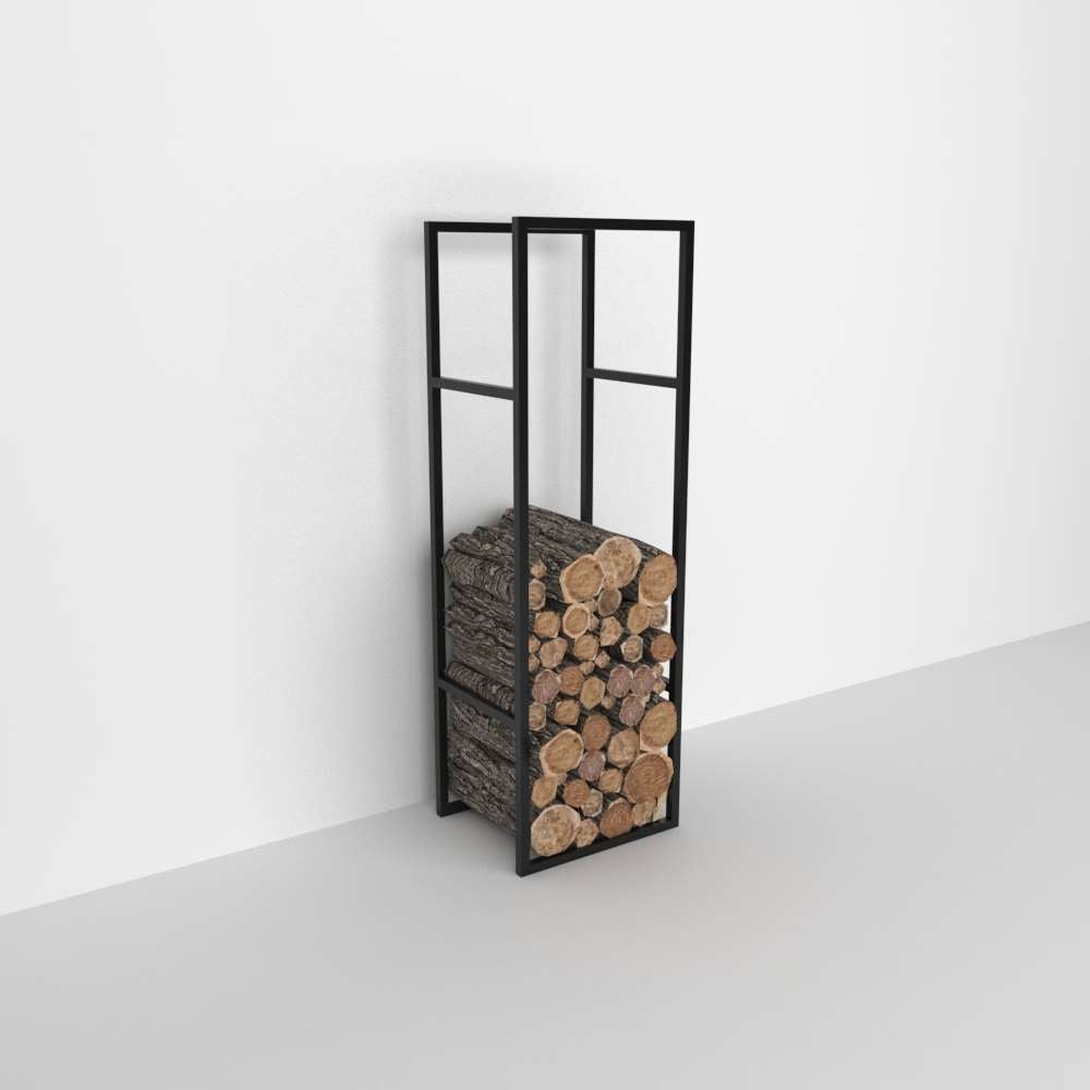 A sleek black metal firewood rack filled with neatly stacked logs, displayed against a plain white background. The minimalist design highlights its modern and functional aesthetic