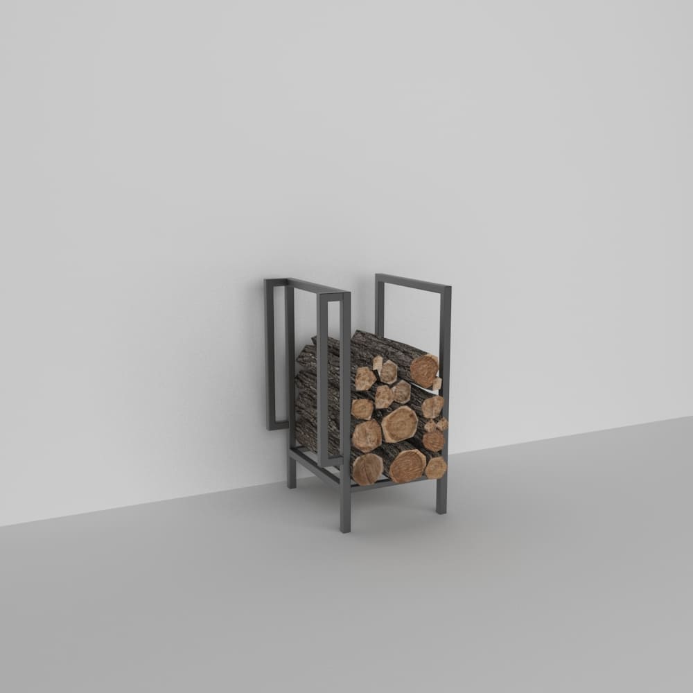 A compact and sleek black metal firewood rack holding neatly stacked logs, displayed against a plain white wall in a modern minimalist setting