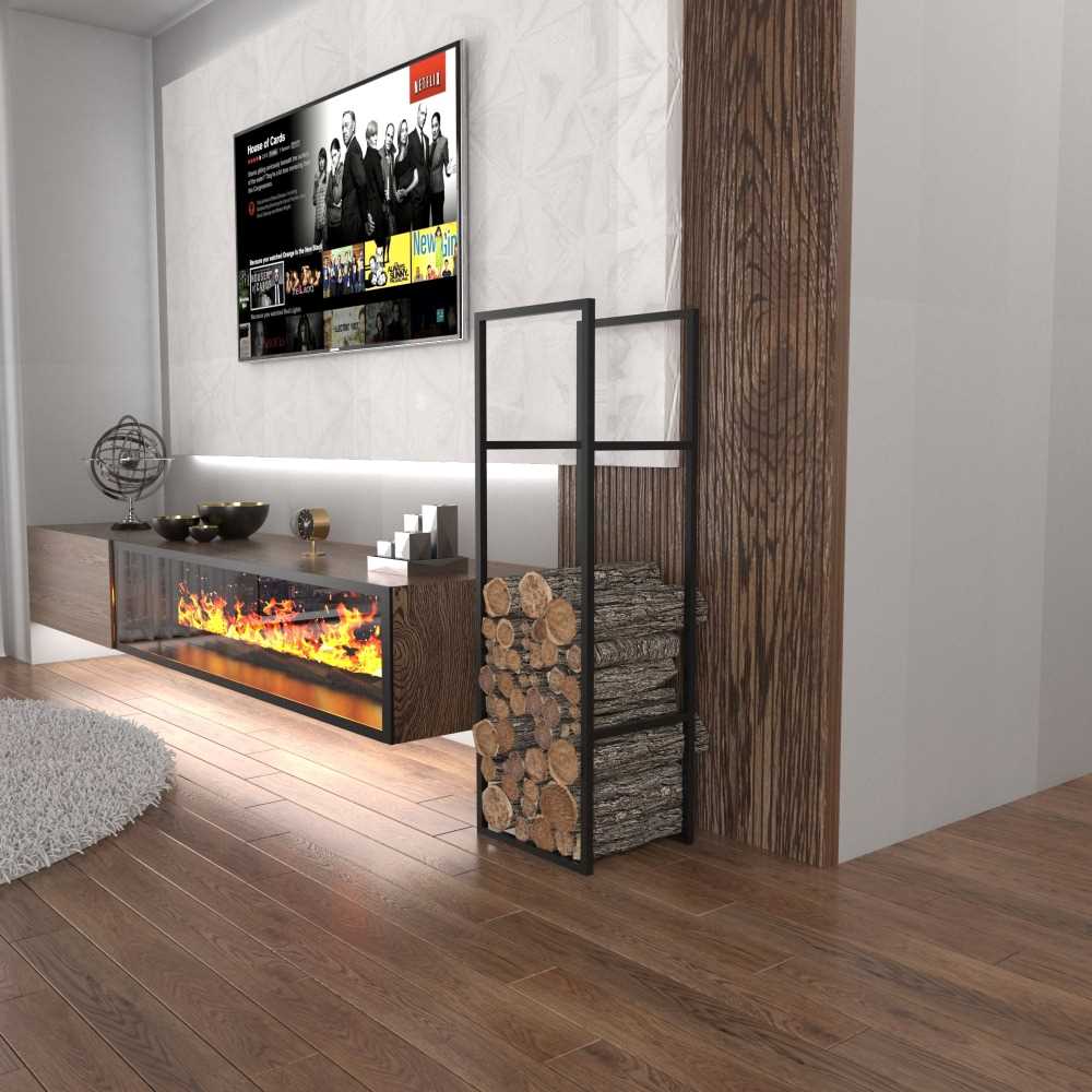 Black modern metal firewood rack filled with neatly stacked logs, placed in a contemporary living room next to a decorative fireplace and a wooden accent wall