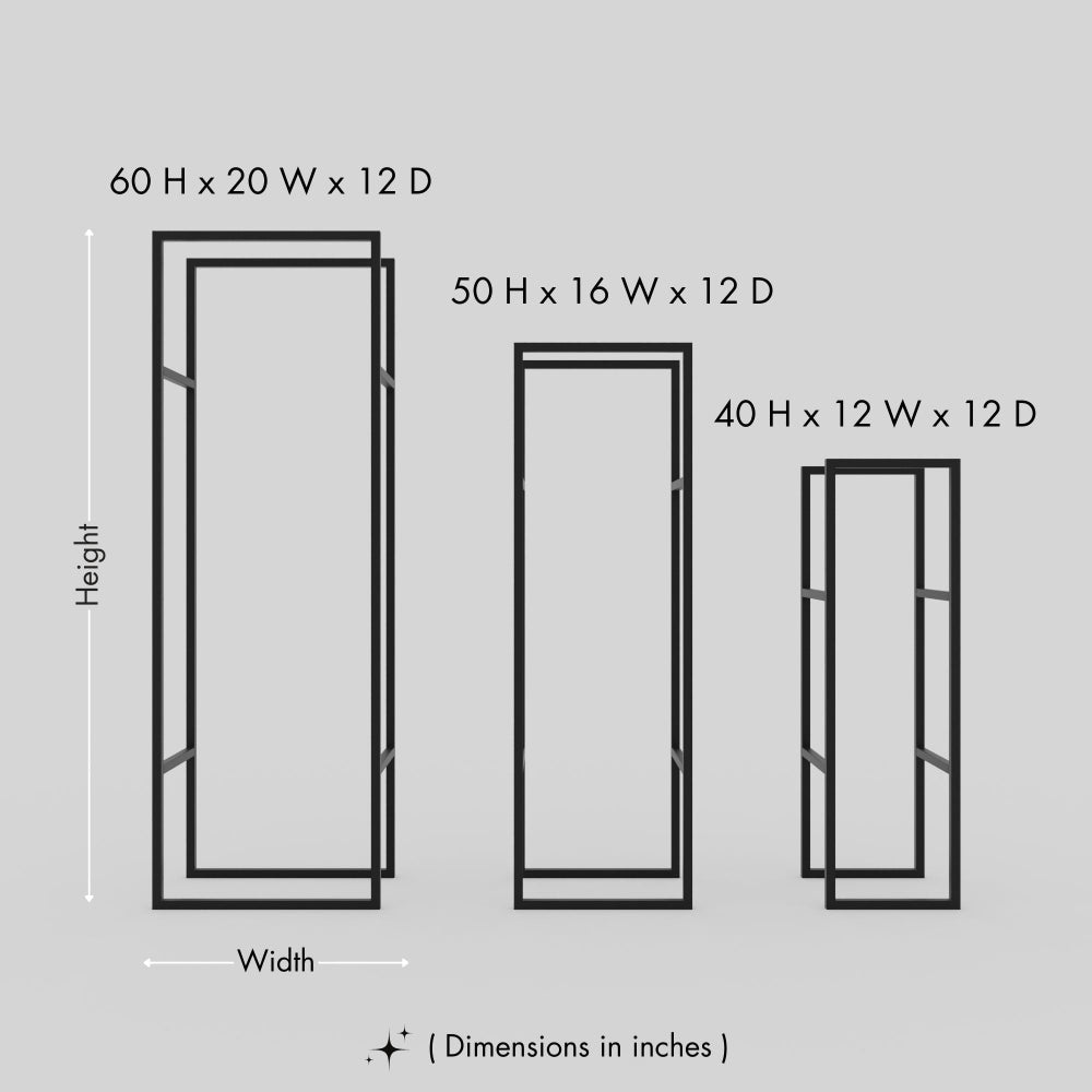 Dimensions of a tall, modern metal firewood rack shown in three sizes with measurements labeled in inches