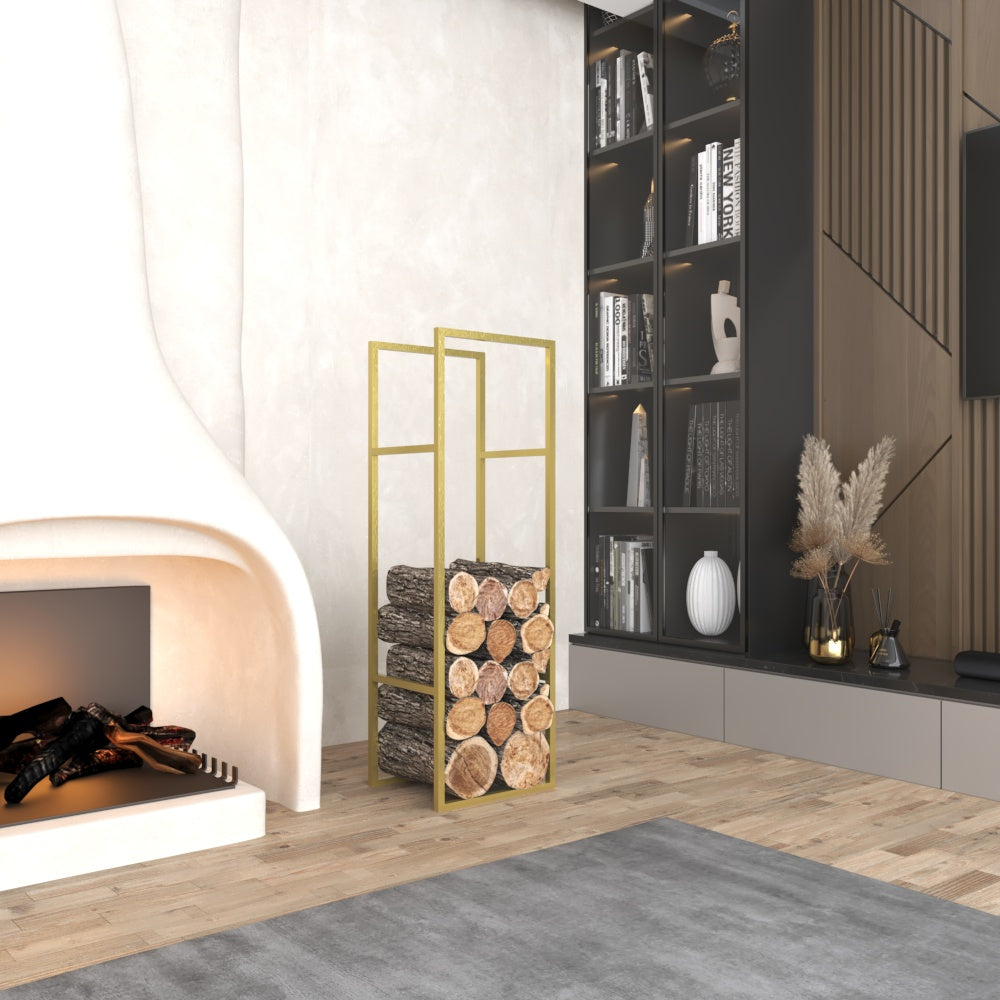 Gold modern metal firewood rack filled with logs, situated next to a fireplace in a stylish, contemporary living space