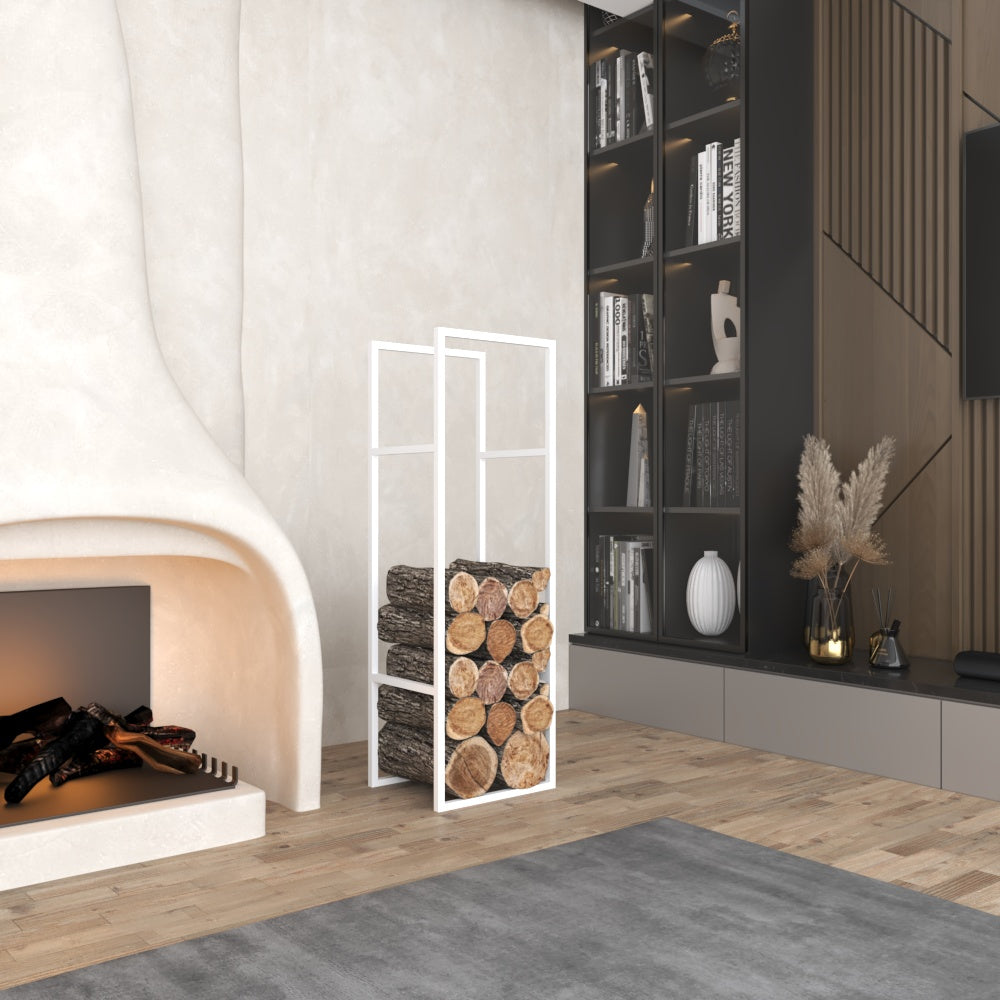 White modern metal firewood rack filled with stacked logs, positioned beside a fireplace in an elegant, minimalist living room