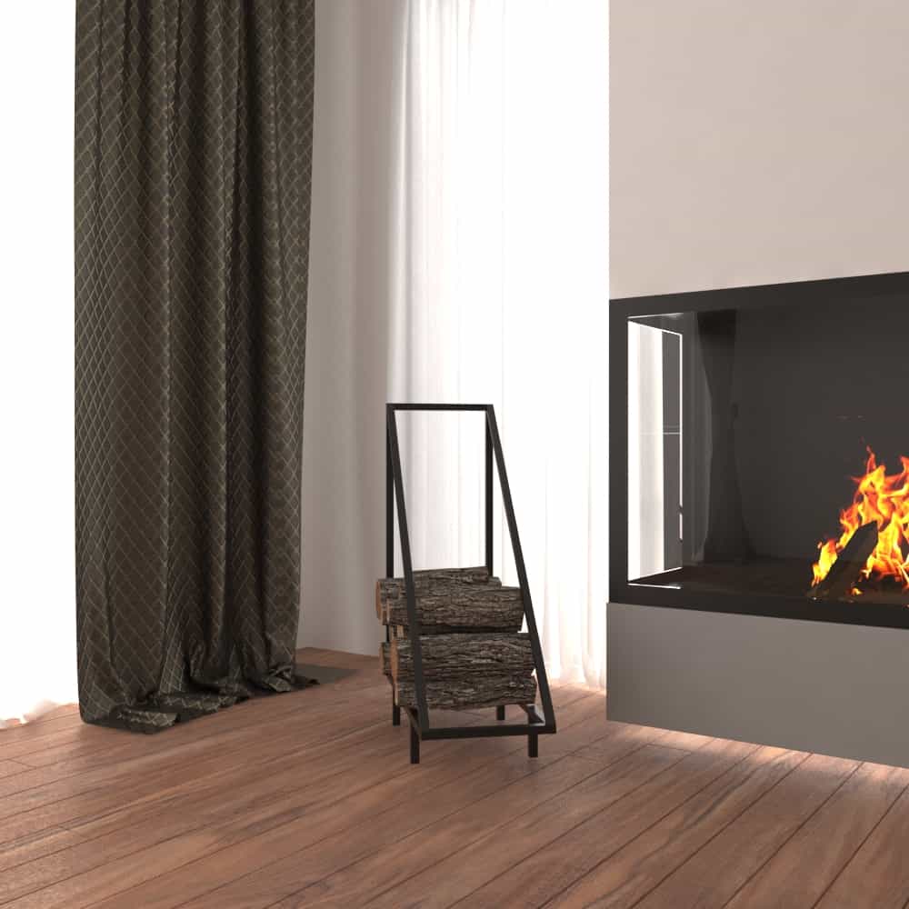 A modern triangular metal firewood rack with logs placed near a fireplace on a wooden floor, creating a cozy atmosphere.