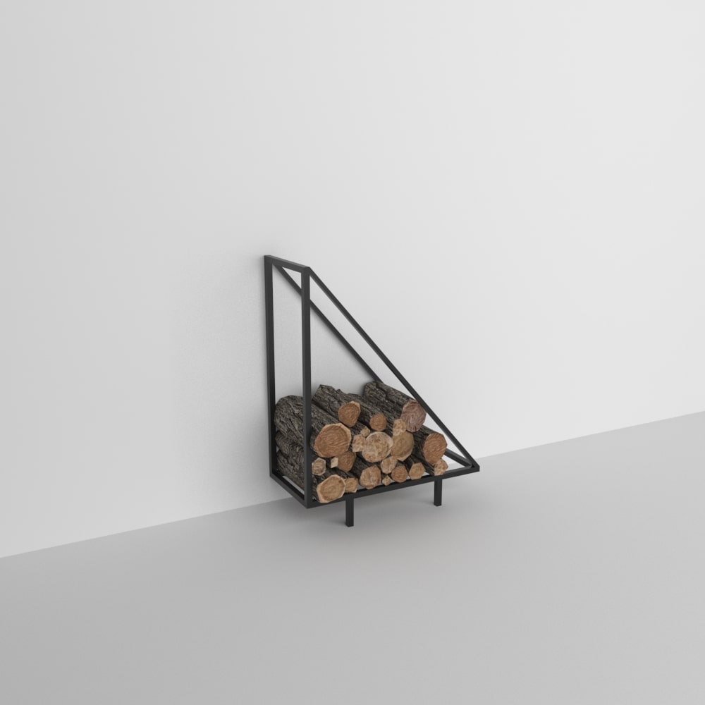 A minimalist triangular metal firewood rack filled with logs, displayed against a plain white background.