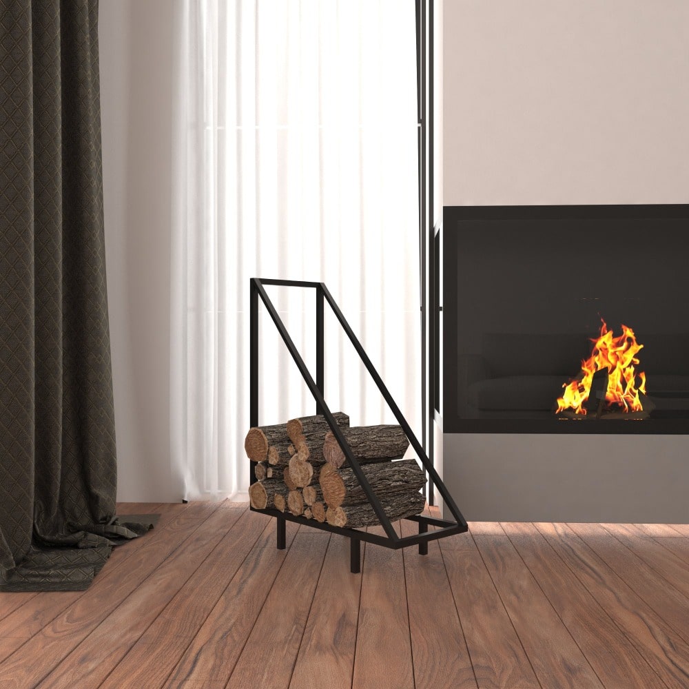 A minimalist black metal wood rack with a triangular design, styled in a modern living room with a lit fireplace, adding functionality and elegance to the space.