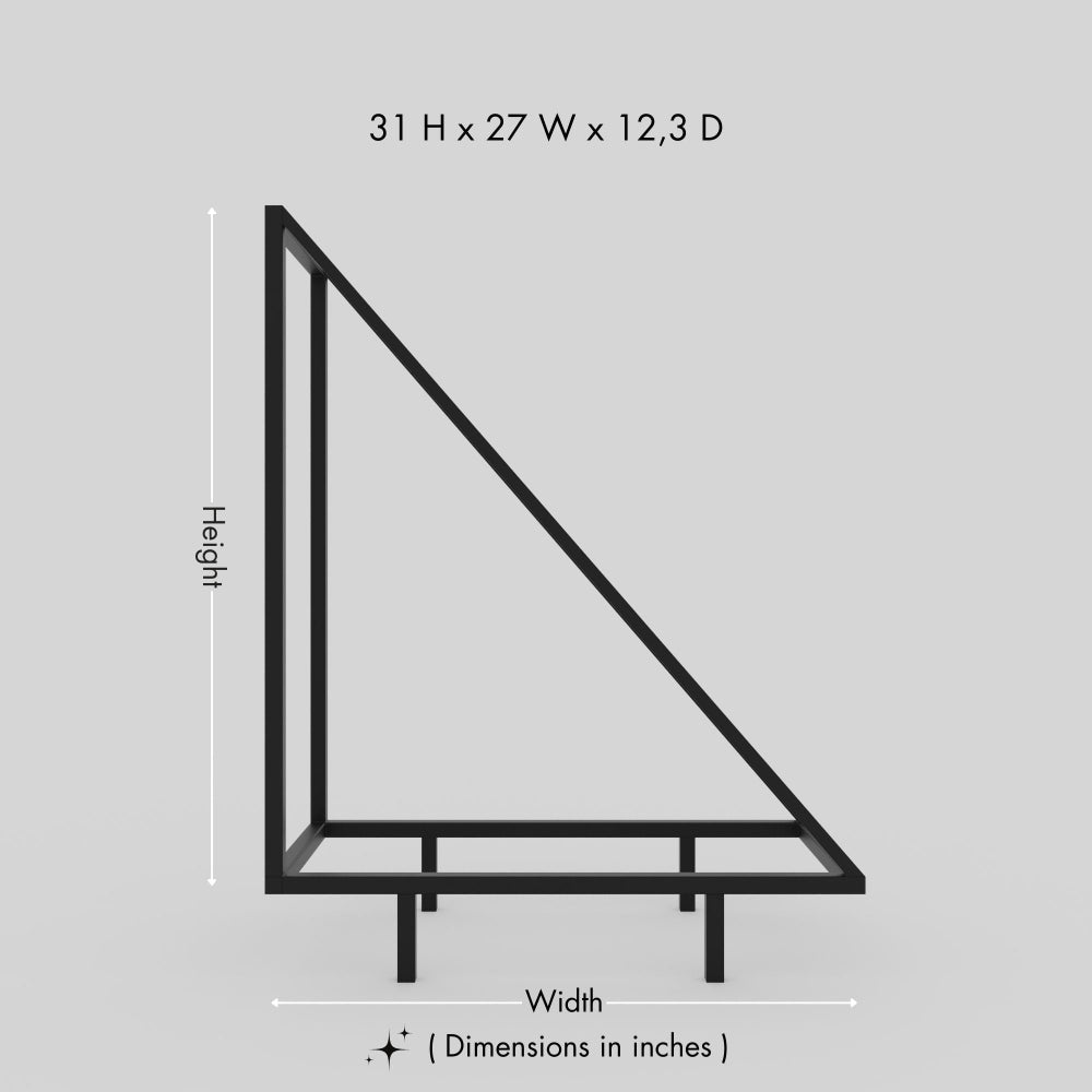 A dimension diagram of the modern triangular metal wood rack, indicating its height of 31 inches, width of 27 inches, and depth of 12.3 inches, showcasing its compact and sleek design