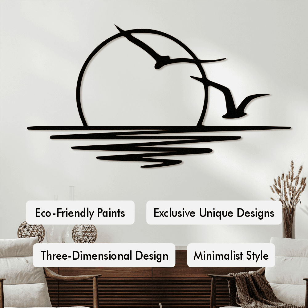 Modern minimalist bird and sunrise metal wall art with eco-friendly paints, exclusive unique designs, three-dimensional design, and minimalist style, displayed in a contemporary living room.