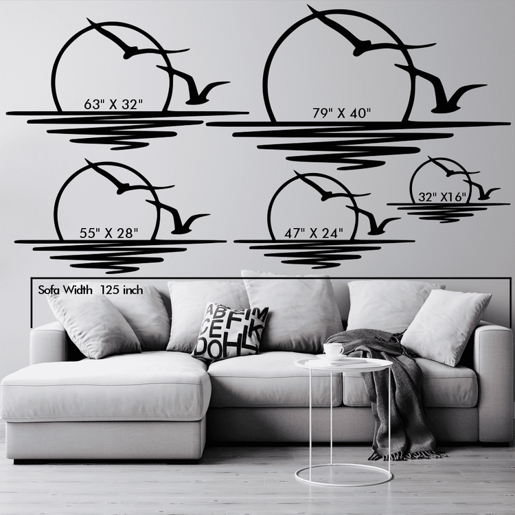 Modern minimalist bird and sunrise metal wall art displayed in various sizes above a sofa for scale, including dimensions: 63" x 32", 79" x 40", 55" x 28", 47" x 24", and 32" x 16".