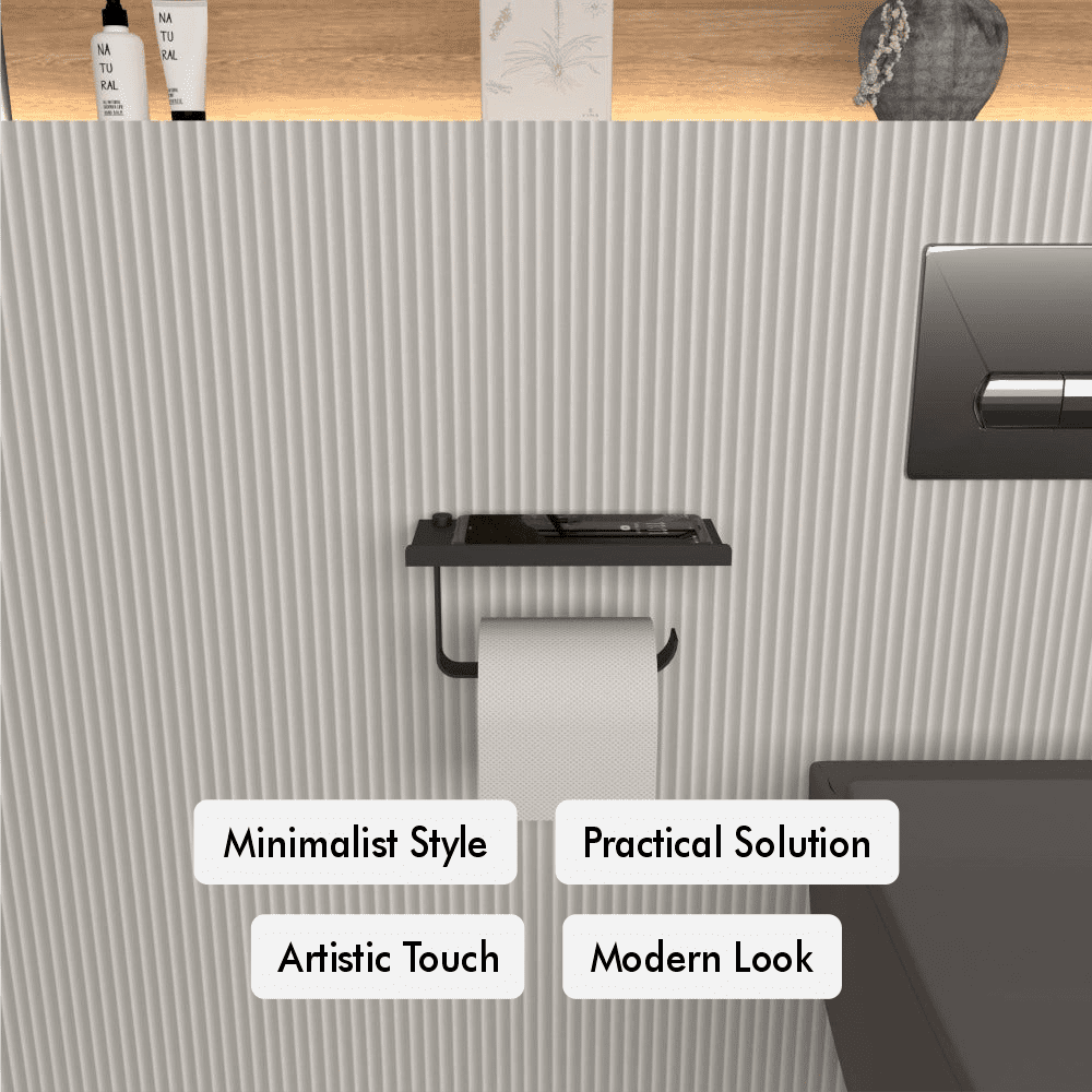 Black wall-mounted toilet paper holder with a smartphone shelf, highlighted with features like minimalist style, practical solution, artistic touch, and modern look