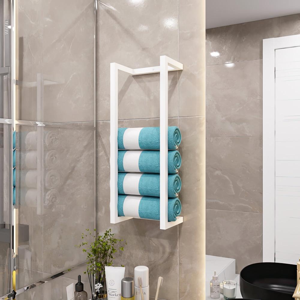 Modern white towel and blanket storage rack in a sleek bathroom, displaying neatly rolled turquoise and white towels. The minimalist design complements the neutral tile backdrop, adding a touch of elegance and organization. The countertop features various bathroom essentials, enhancing the functional and stylish ambiance of the space