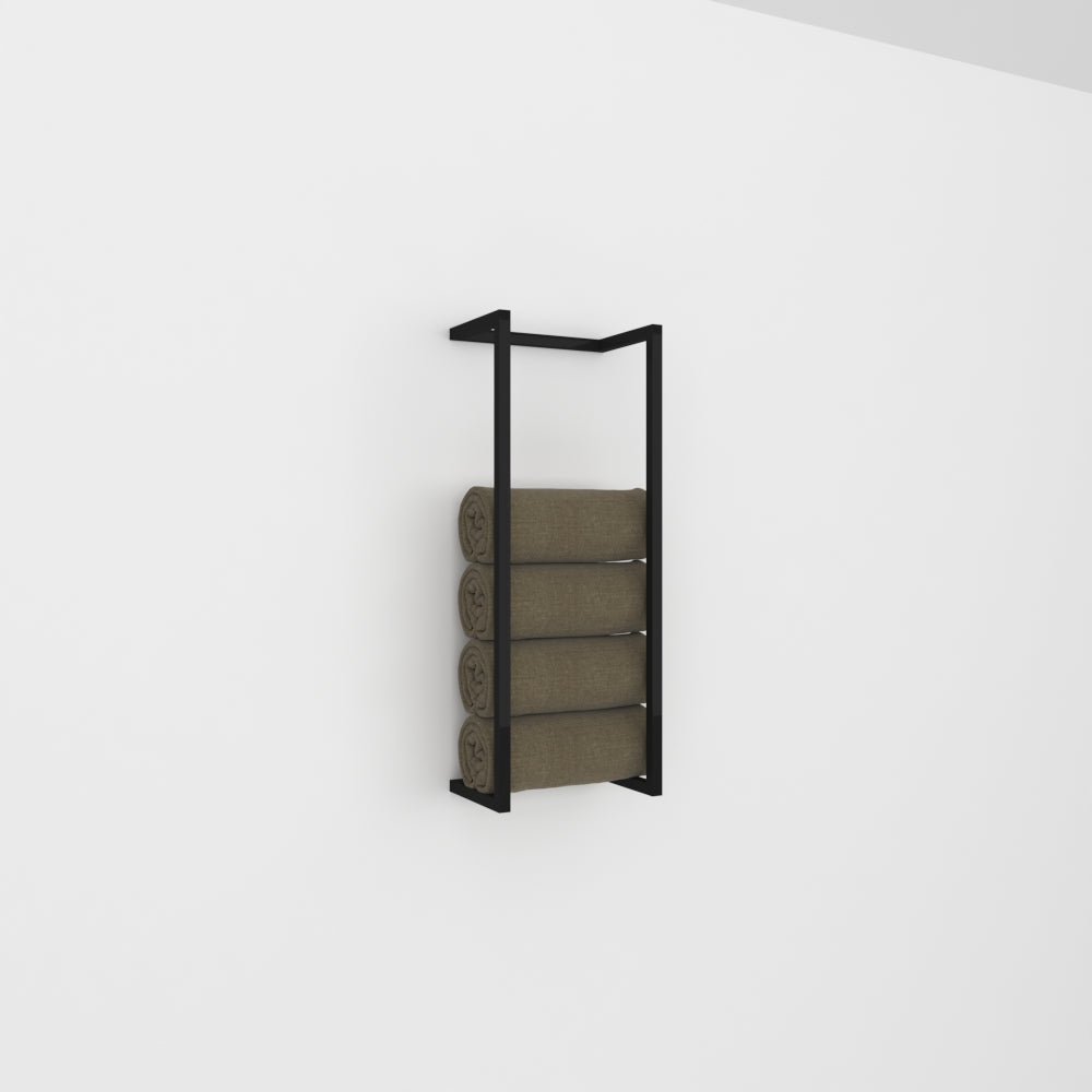 Modern black towel and blanket storage rack mounted on a white wall, holding four neatly rolled towels.