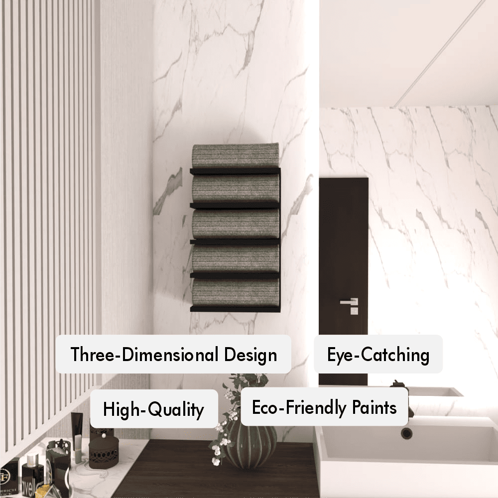 Wall-mounted black metal towel rack in a modern bathroom setting with white marble walls and wooden accents. Features include three-dimensional design, eye-catching look, high-quality construction, and eco-friendly paints.