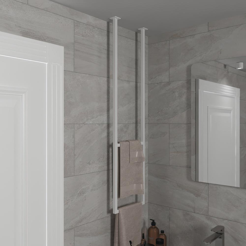 Modern bathroom featuring a sleek white ceiling-mounted towel rack. The minimalist design offers a space-saving solution, ideal for contemporary bathroom decor. The rack blends seamlessly with the light gray tiles, creating a clean and sophisticated look.