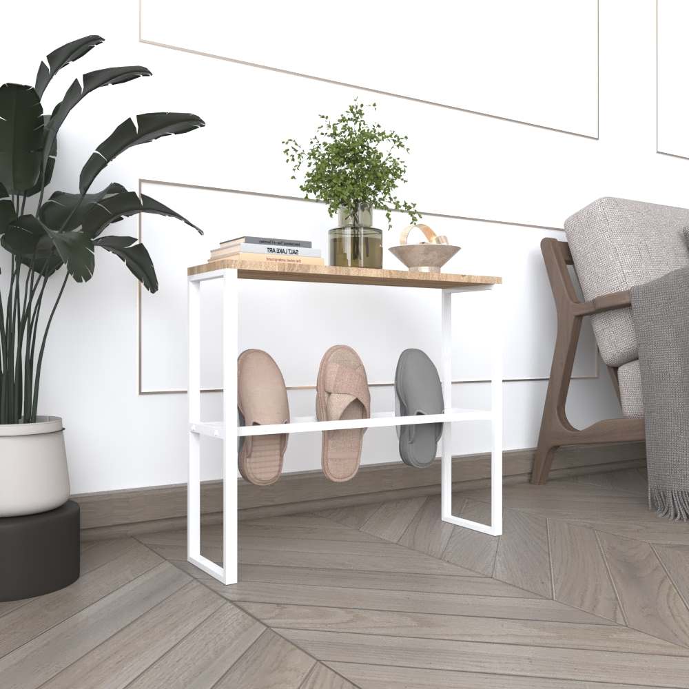 A modern white metal slipper rack with a wooden top, styled with decorative items and slippers placed on the lower bars, set in a bright living space with elegant decor.