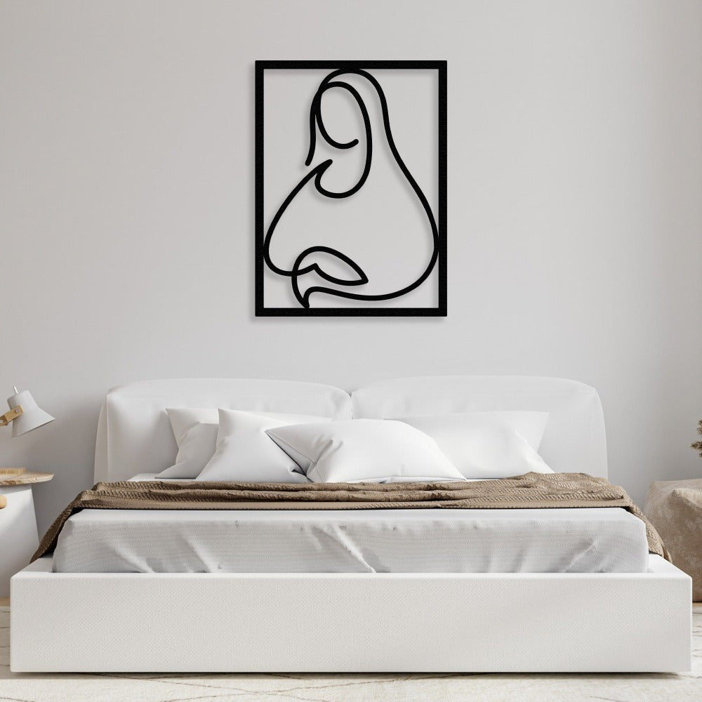 A minimalist metal wall art design of the Mona Lisa in black, displayed above a modern white bed in a serene bedroom setting.