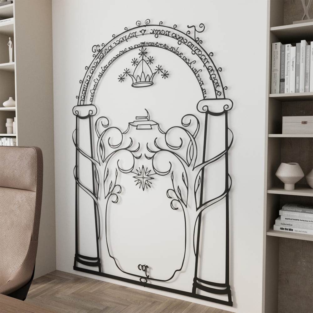 Moria Door metal wall art featuring the legendary Durin’s Gate design.