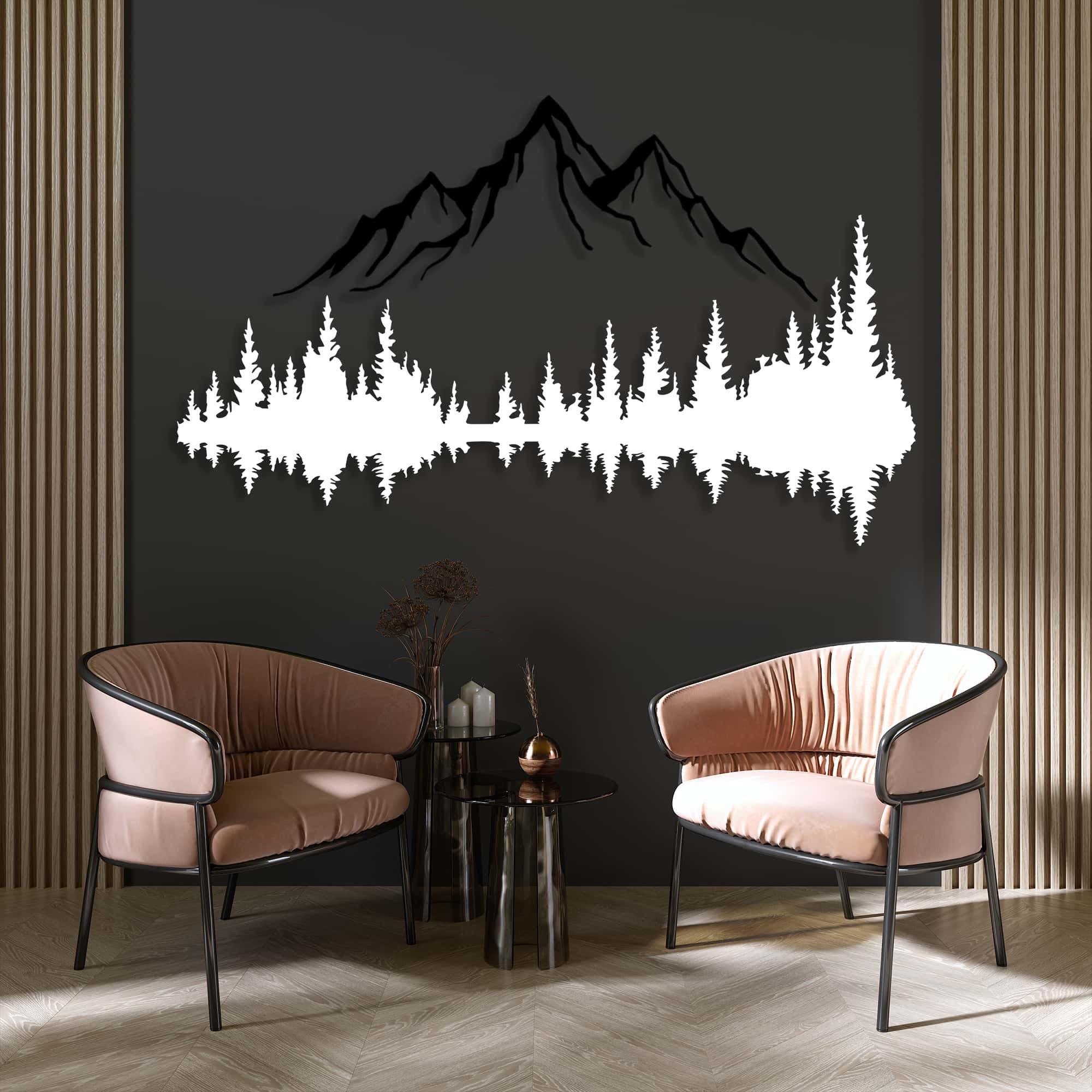 mountain and forest metal wall art black and white