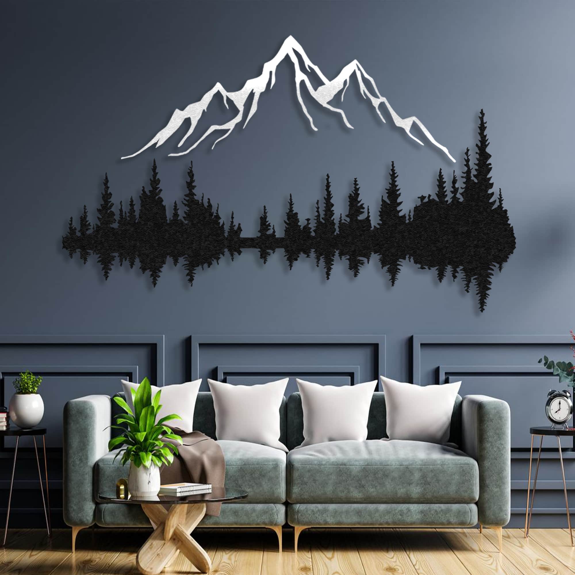 mountain and forest metal wall art blue wall