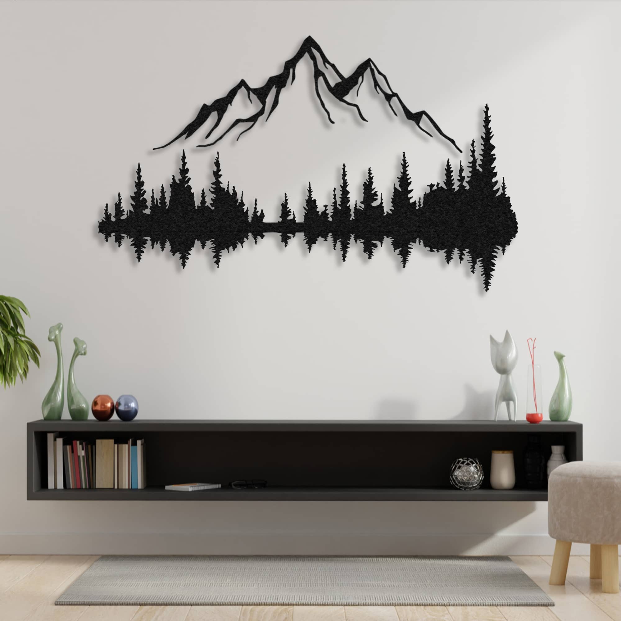 mountain and forest metal wall art on the table