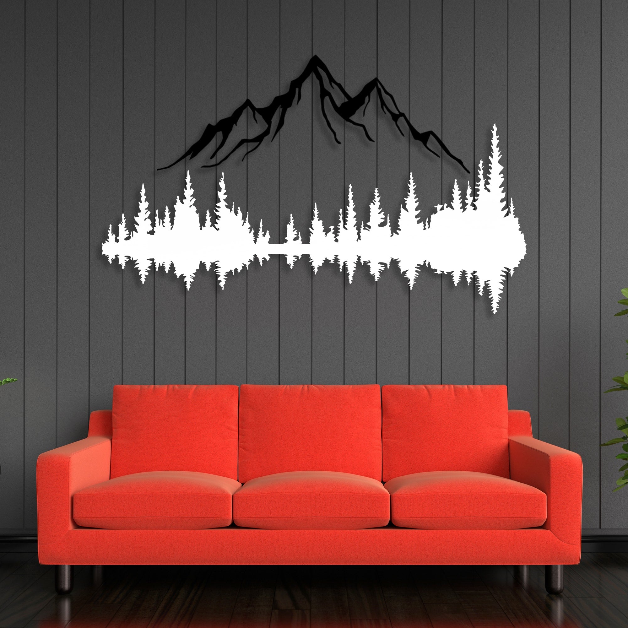 mountain and forest metal wall art red sofa