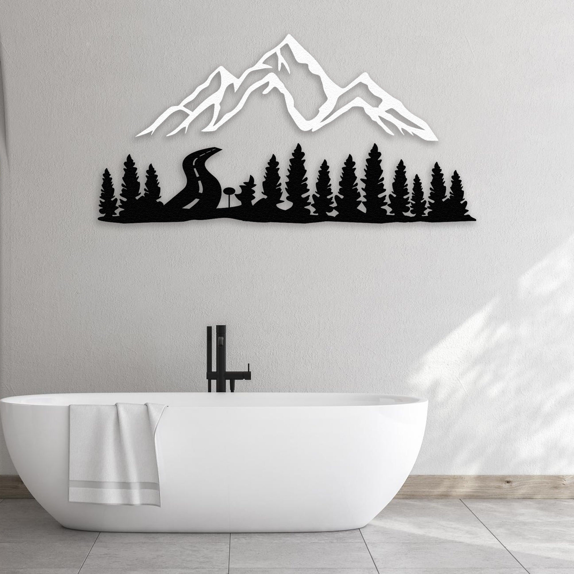 mountain-and forest metal wall decor white and black