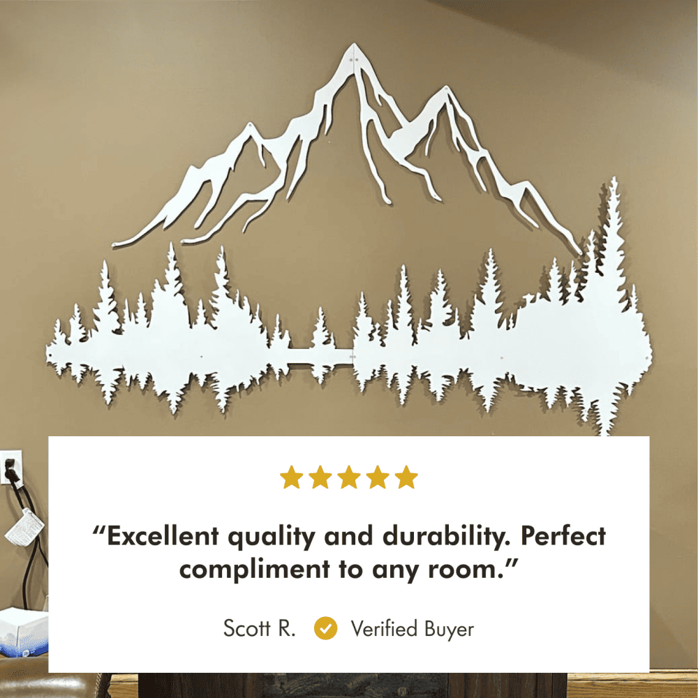 White mountain landscape metal wall art with a five-star review from verified buyer Scott R. stating 'Excellent quality and durability. Perfect compliment to any room.