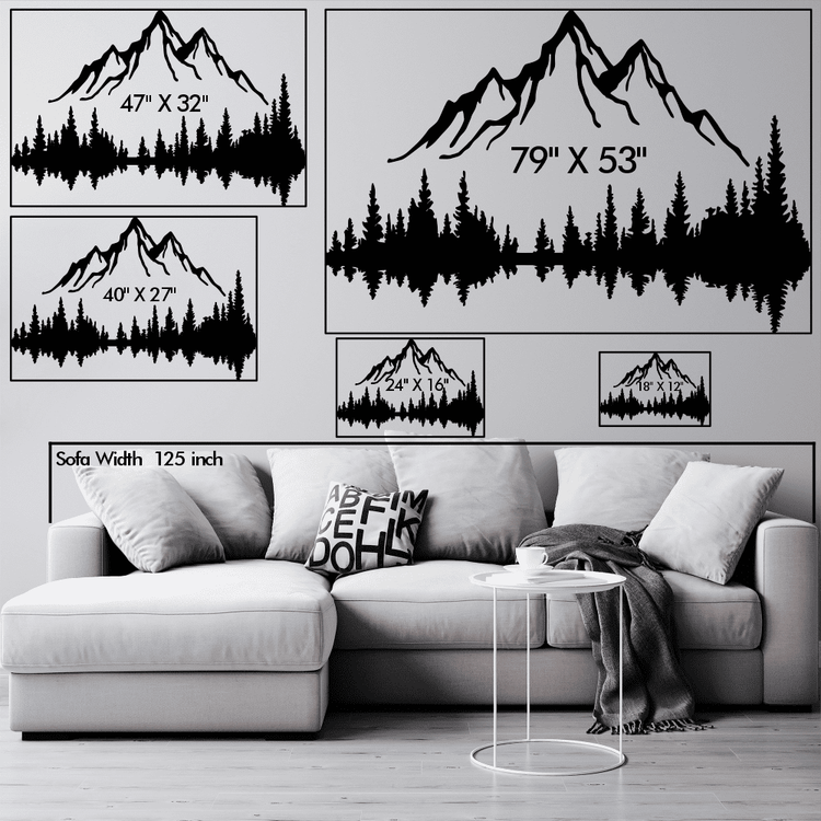 Mountain landscape metal wall art displayed in various sizes above a sofa for scale, including dimensions: 47"x32", 79"x53", 40"x27", 24"x16", and 18"x12"