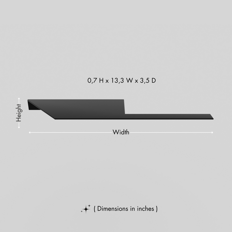 A sleek black multifunctional bathroom shelf with a minimalist design, featuring dimensions of 0.7 inches in height, 13.3 inches in width, and 3.5 inches in depth, displayed against a gray background.