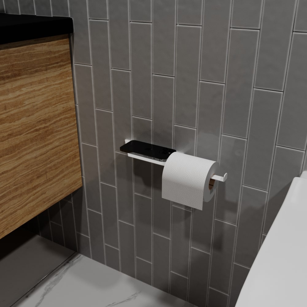 A contemporary bathroom with a gold-finished multifunctional shelf and toilet paper holder attached to a tiled wall, complementing the elegant decor