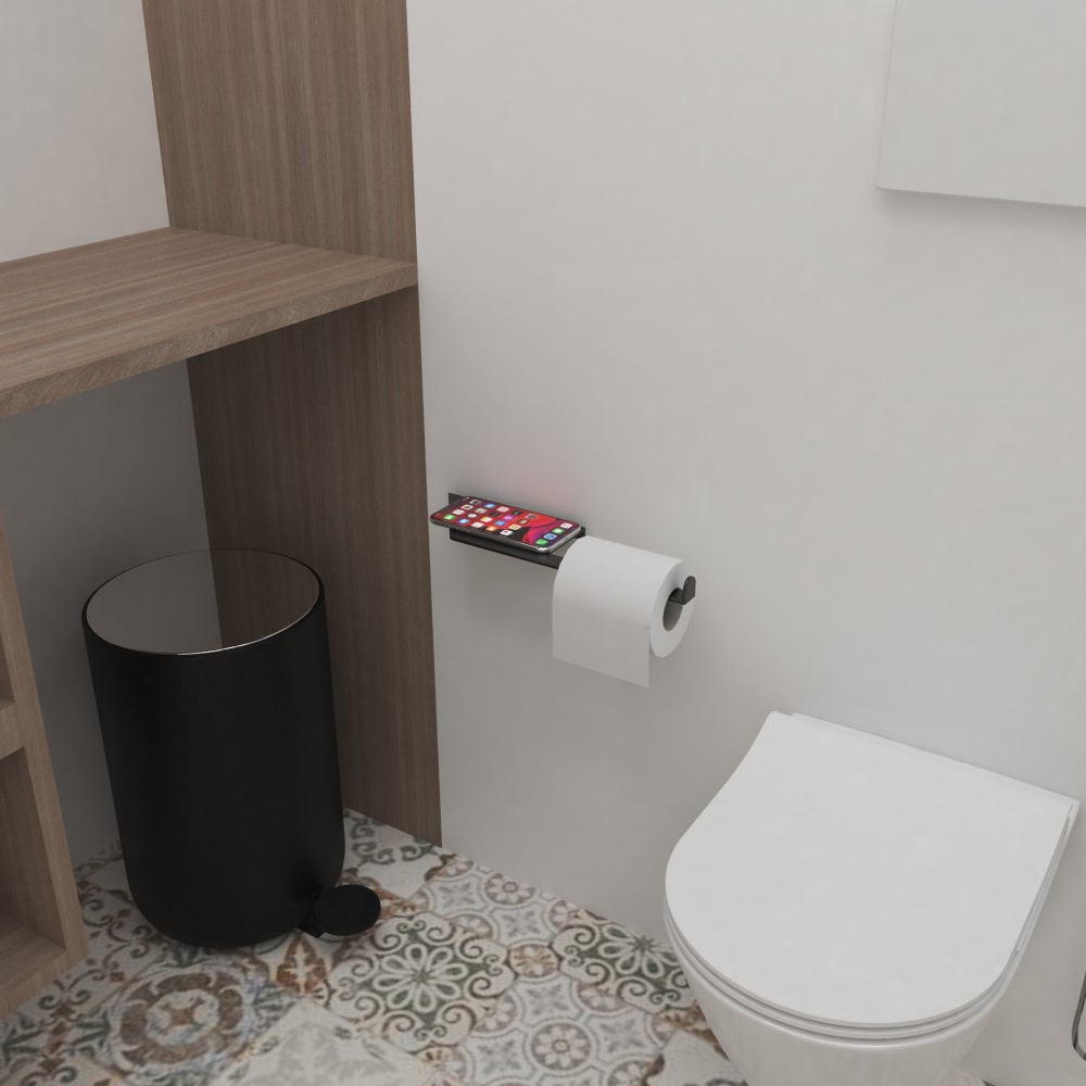 A clean and organized bathroom featuring a black multifunctional shelf with a toilet paper holder, blending seamlessly with a white wall and contemporary decor.