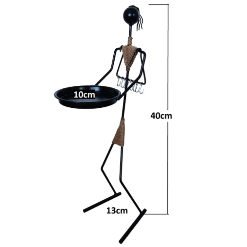 A multifunctional metal woman figure with dimensions marked: 40 cm height, 13 cm base width, and 10 cm tray diameter, highlighting its compact and ergonomic design.