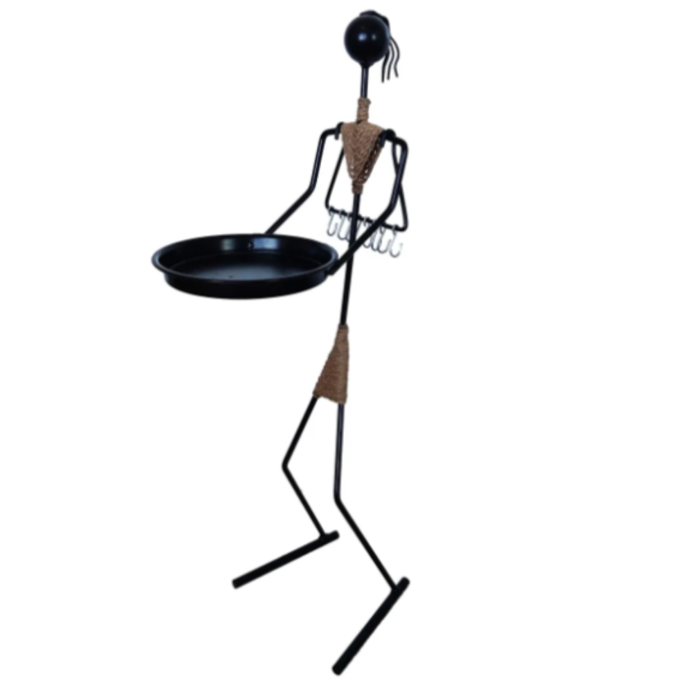 A standalone multifunctional metal woman figure with a black tray and hooks for hanging necklaces, designed for decorative and practical use.